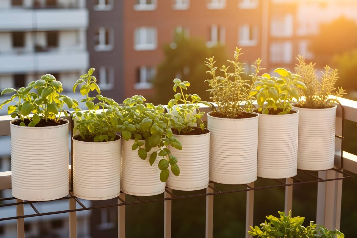 Aromatic plants in recycled cans