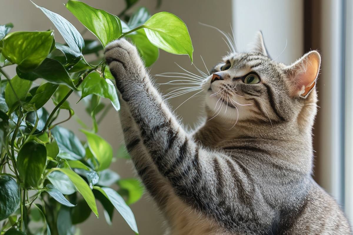 Cat playing with a plant