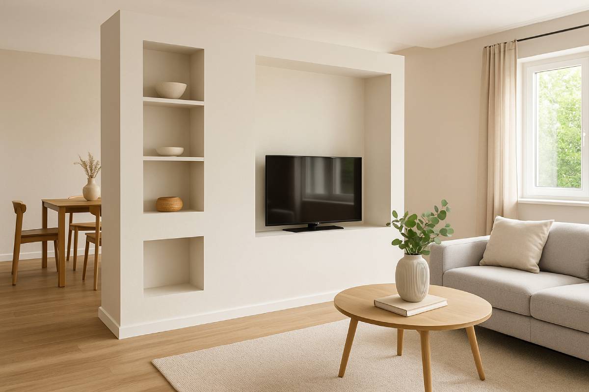 Plasterboard wall system in the living room