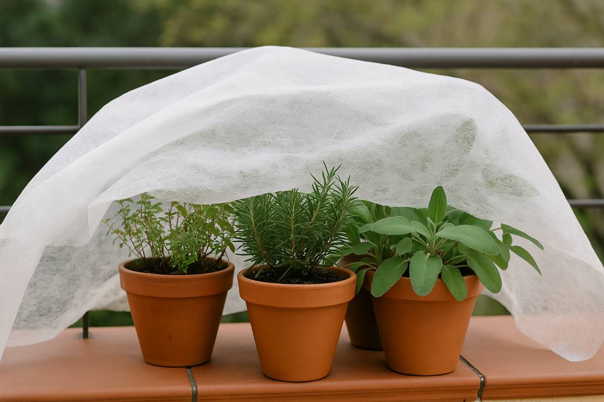 Non-woven fabric on the aromatic plants to prevent them from dying in the cold