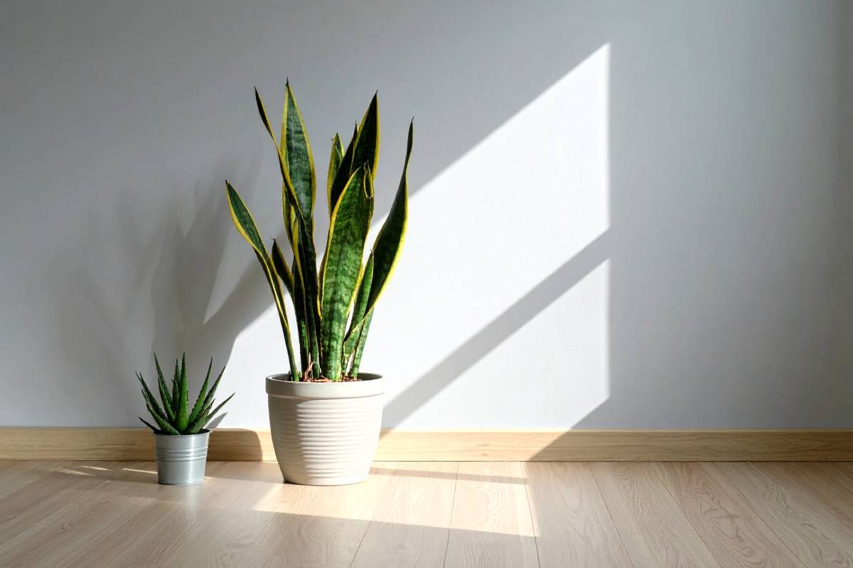 Sansevieria and aloe in front of a window