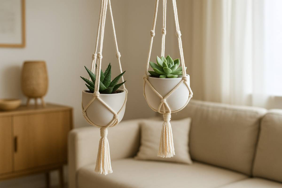 Suspended vases in Macramu