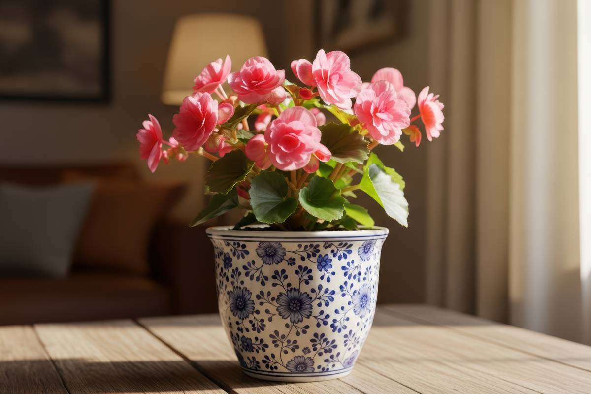 Pink begonia in the house