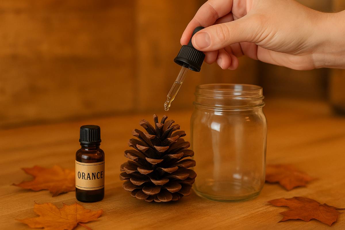 Hand intent on scenting a pine cone with essential oil