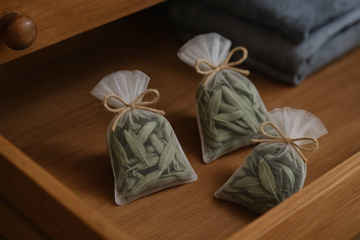 Sage leaves in a fabric bag to perfume drawers