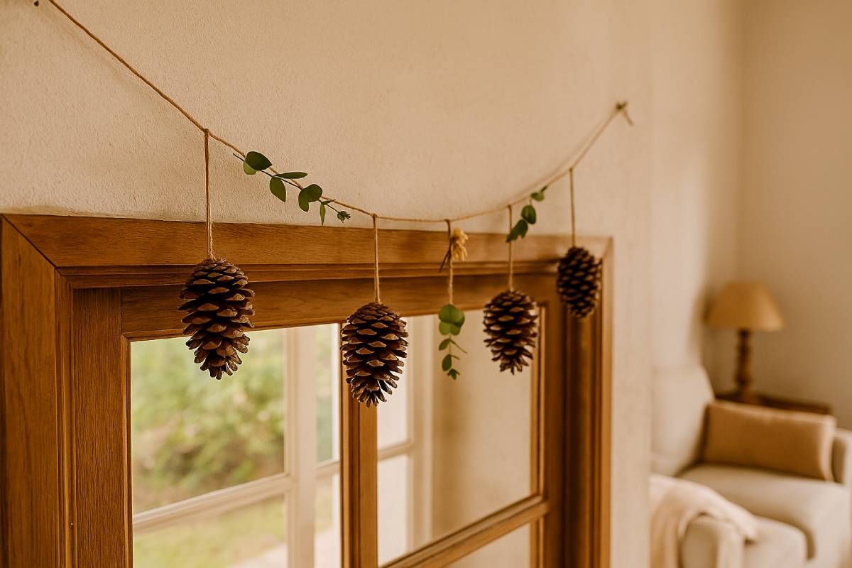 Pine cone wreath on the window