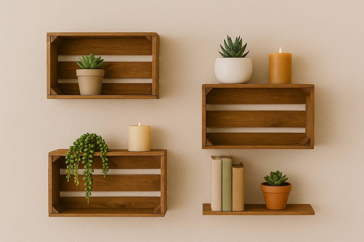 Shelves with wooden boxes