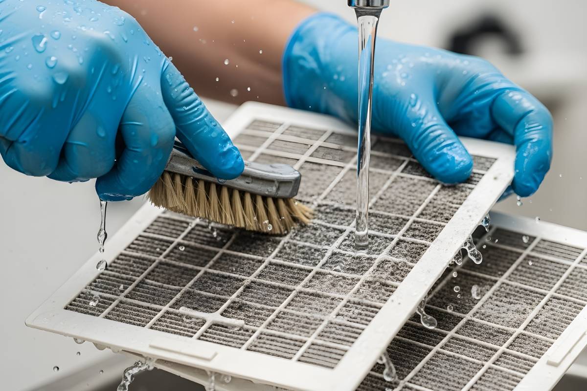 Cleaning the air conditioner filters under warm water