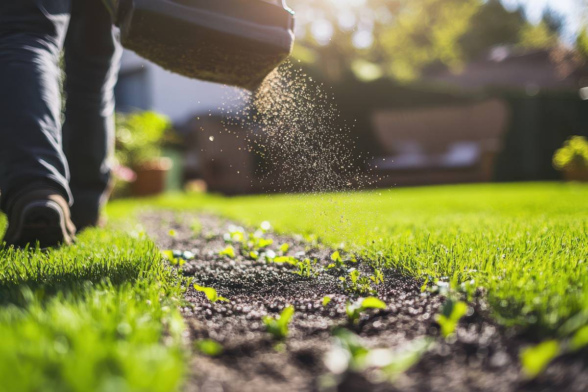 Man fertilizes the lawn