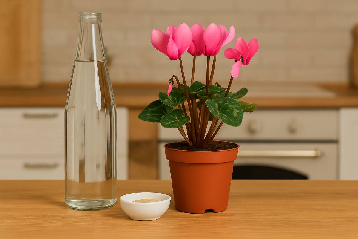 Cyclamen on a table, with brewer's yeast and water