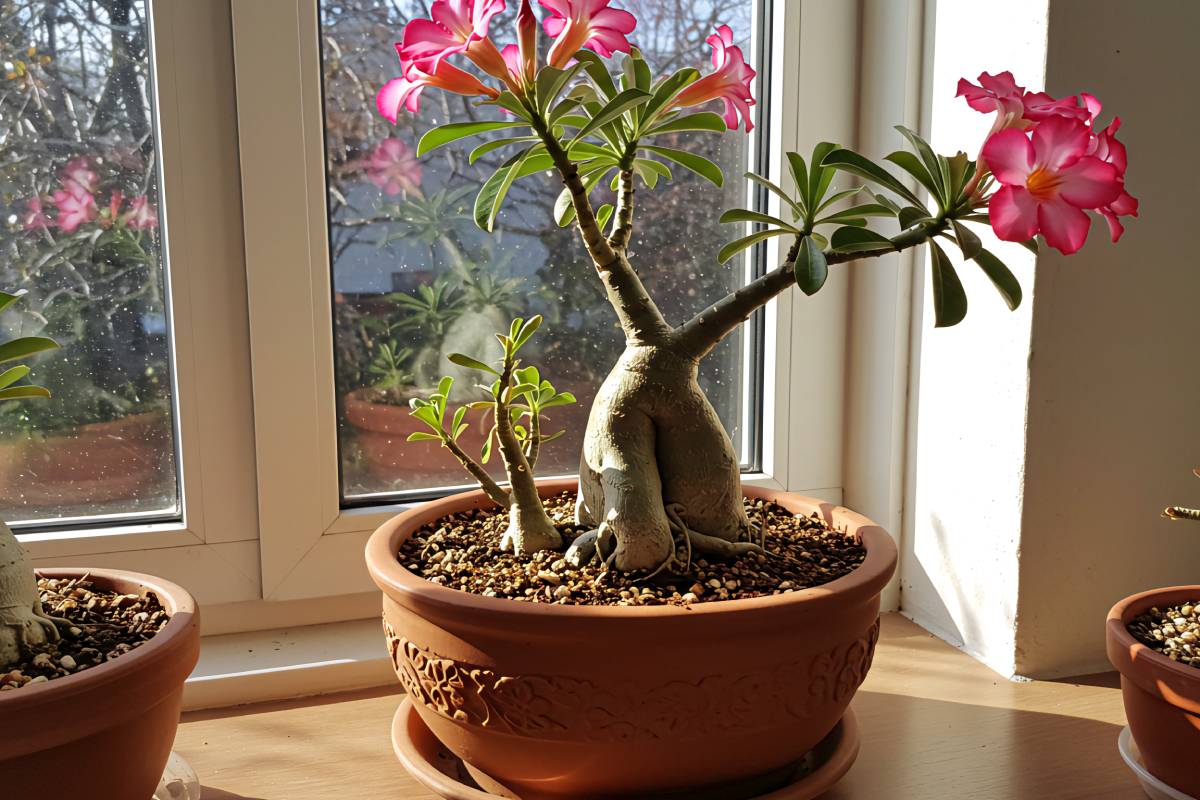 Desert rose in front of a window, in winter