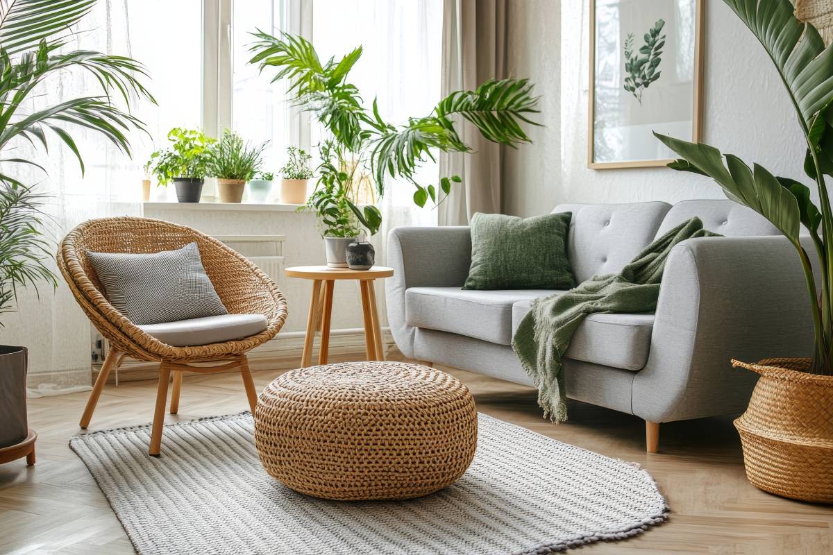 Gray sofa with high legs, plants and rattan elements
