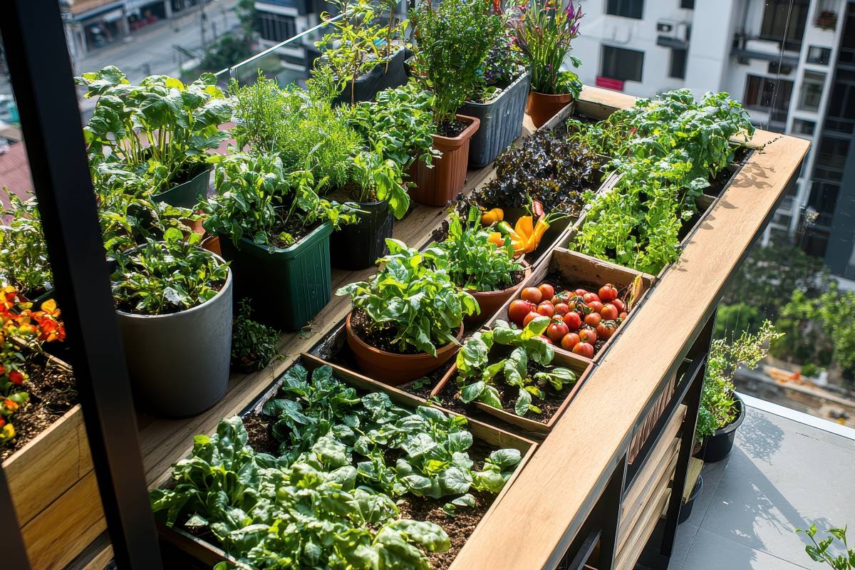 autumn potted vegetables grown on city balcony