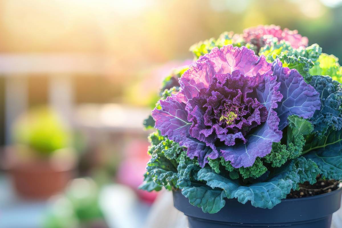 Ornamental cabbage in pots in vegetable garden in the city