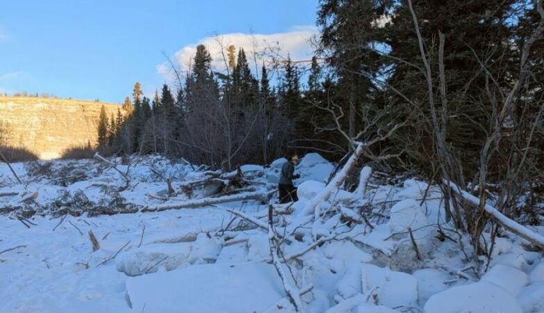 A powerful “ice tsunami” in 2024 in Canada uprooted trees and a riverbed