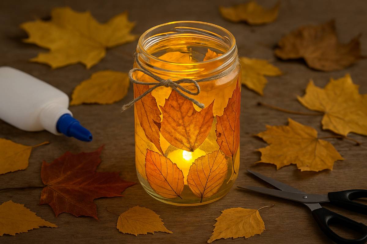 Jar with dry leaves and LED light