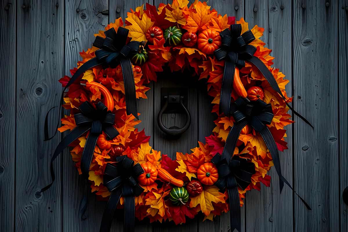 Halloween wreath with dry leaves and black tulle