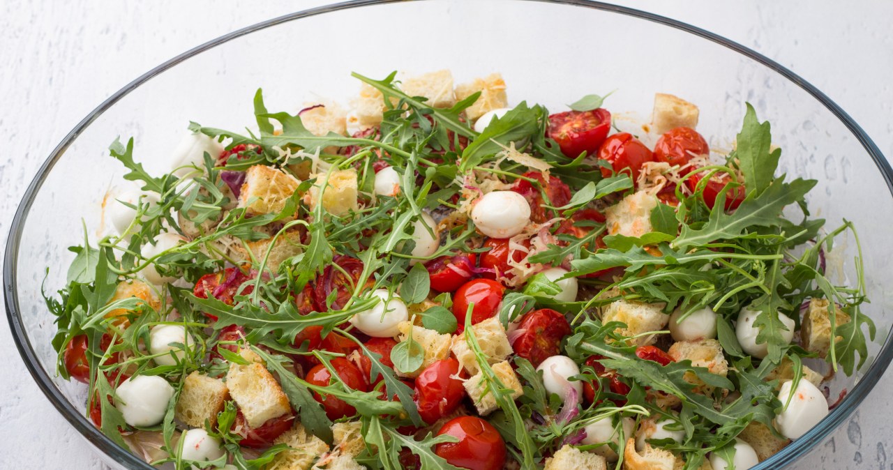 Italian salad with croutons. Easy to make and full of different flavors