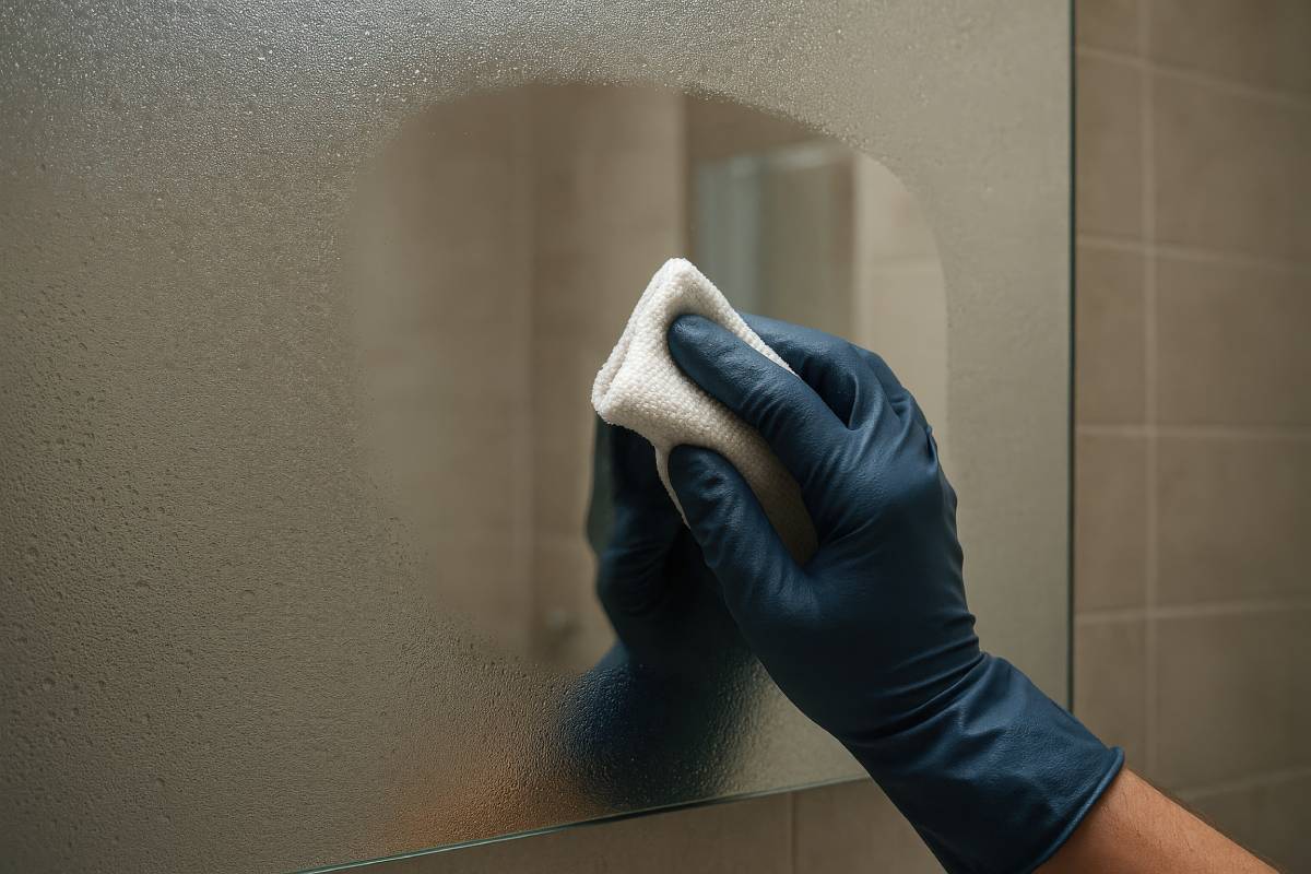 hand wiping wet bathroom mirror