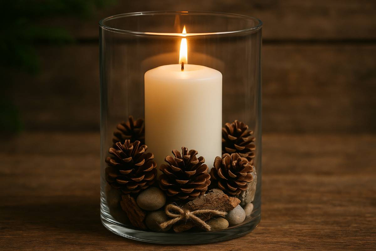 candle and pine cones in glass vase