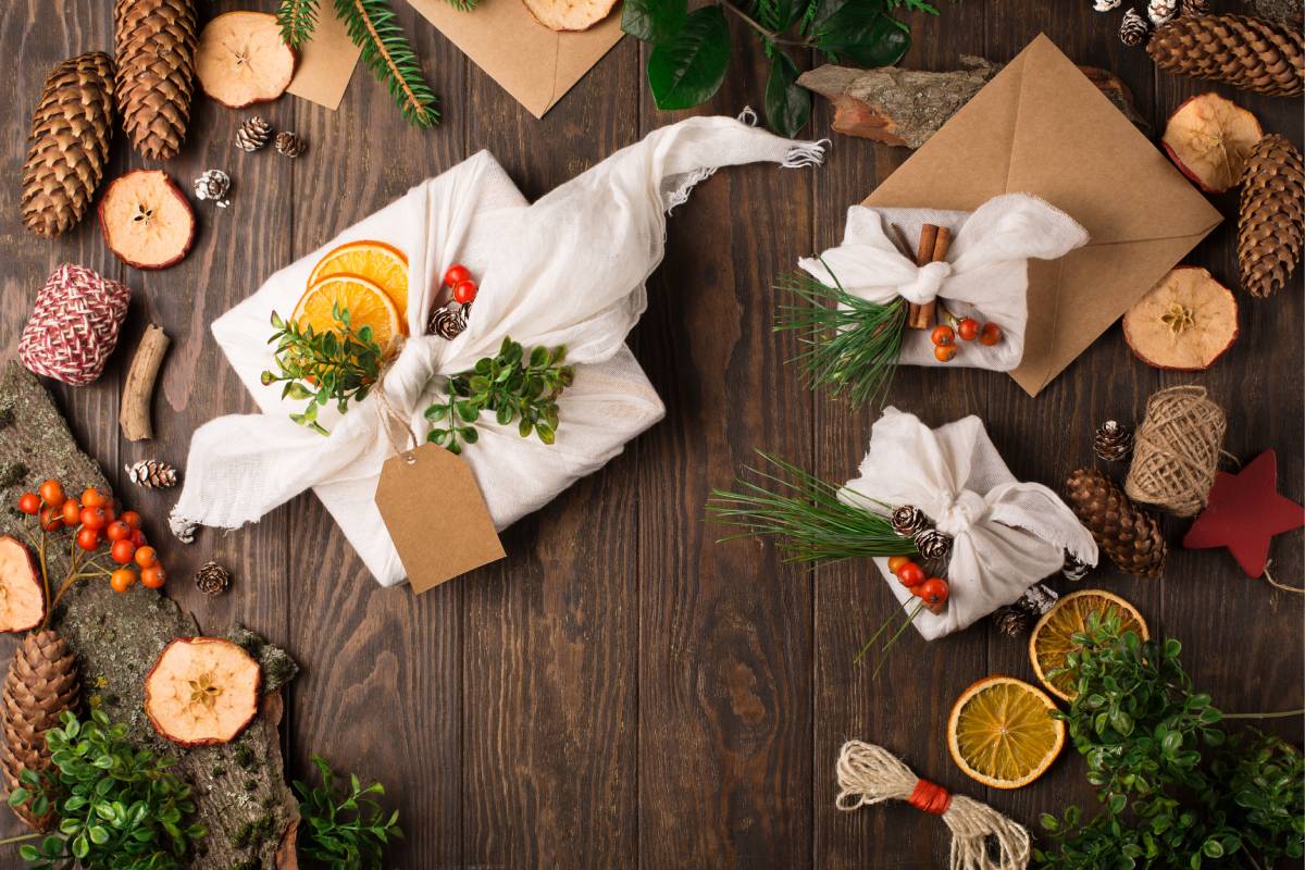 wrapping Christmas presents with fabric