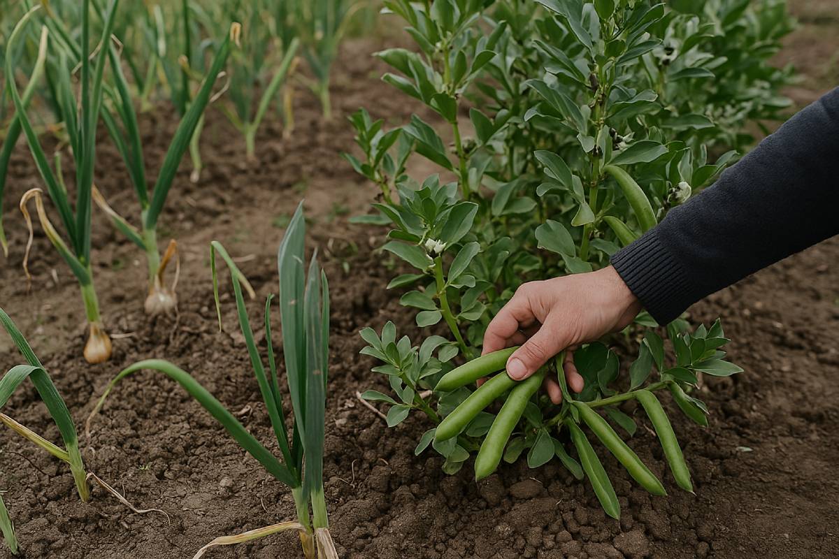 harvesting broad beans, garlic and onion in spring