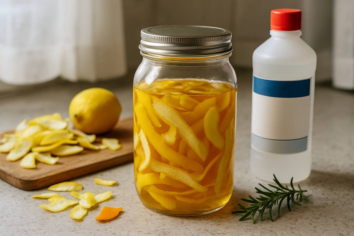 glass jar with lemon peels left to macerate