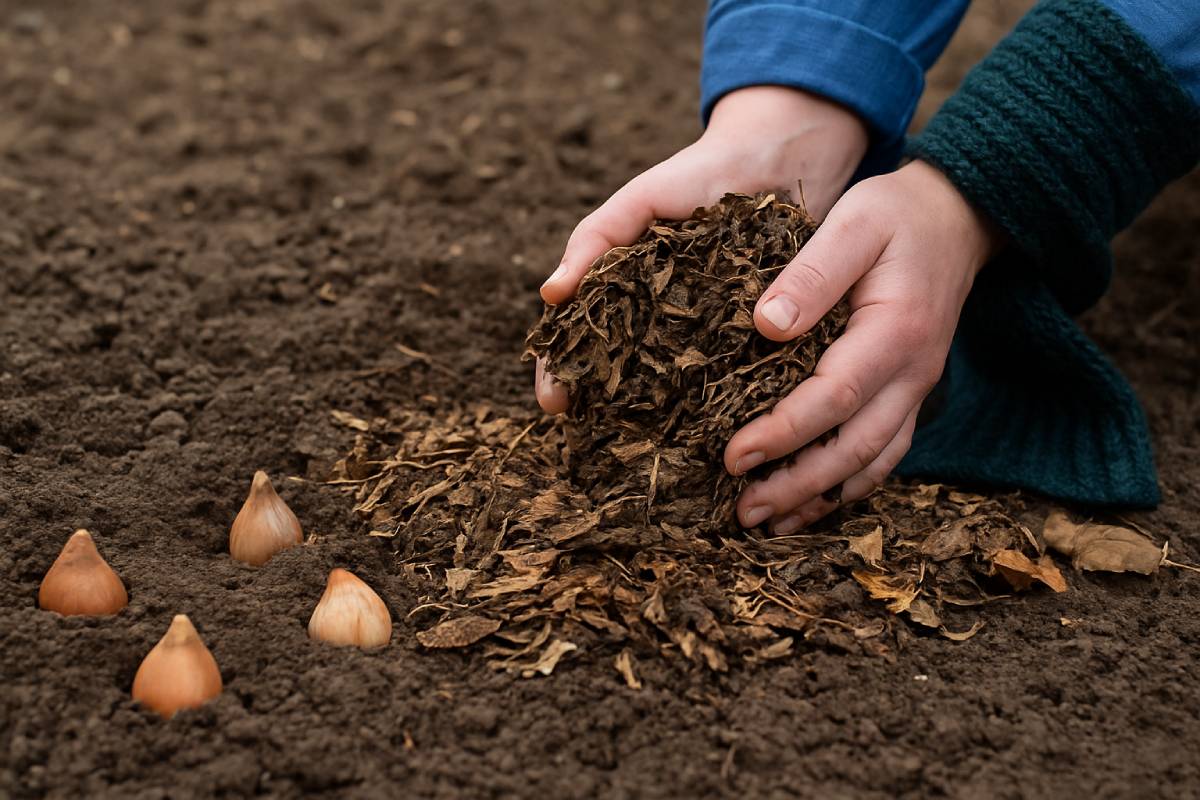hand putting mulch on bulbs in the ground