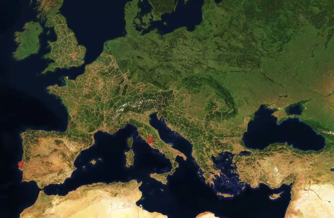 From Olisipo to Rome it takes 679 hours. Here is Google Maps of the Roman Empire
