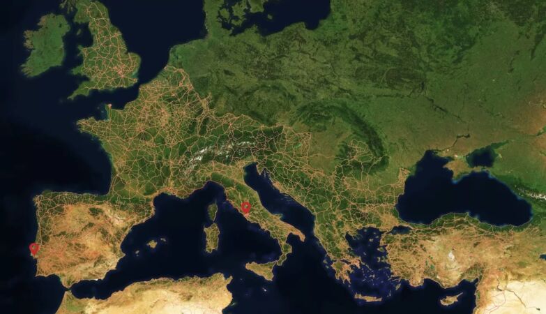 From Olisipo to Rome it takes 679 hours. Here is Google Maps of the Roman Empire