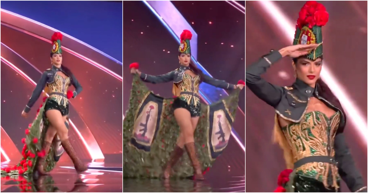 Portuguese candidate for Miss Universe paraded with carnations in tribute to the 25th of April Revolution