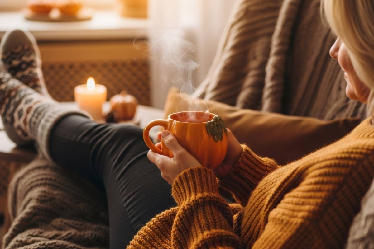 woman in warm house in winter, with steaming cup in her hands