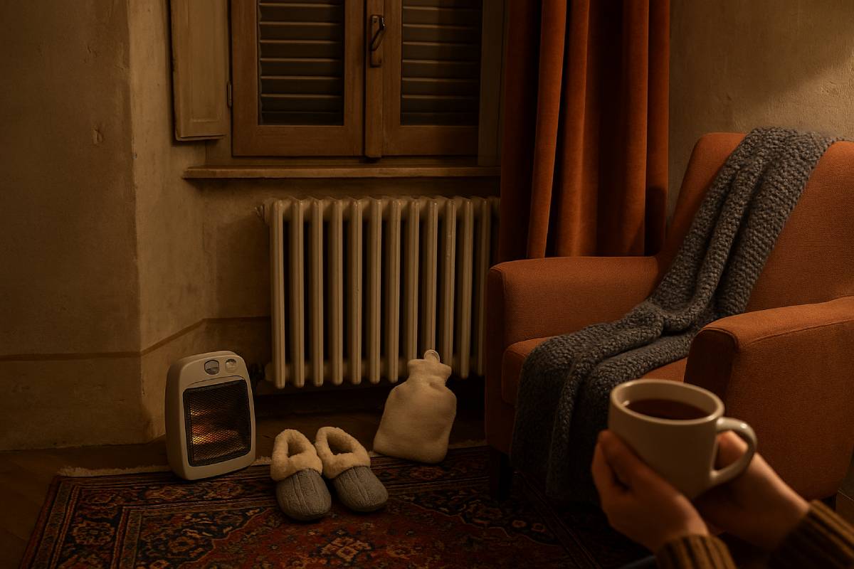 room in an old house, with stove and sofa