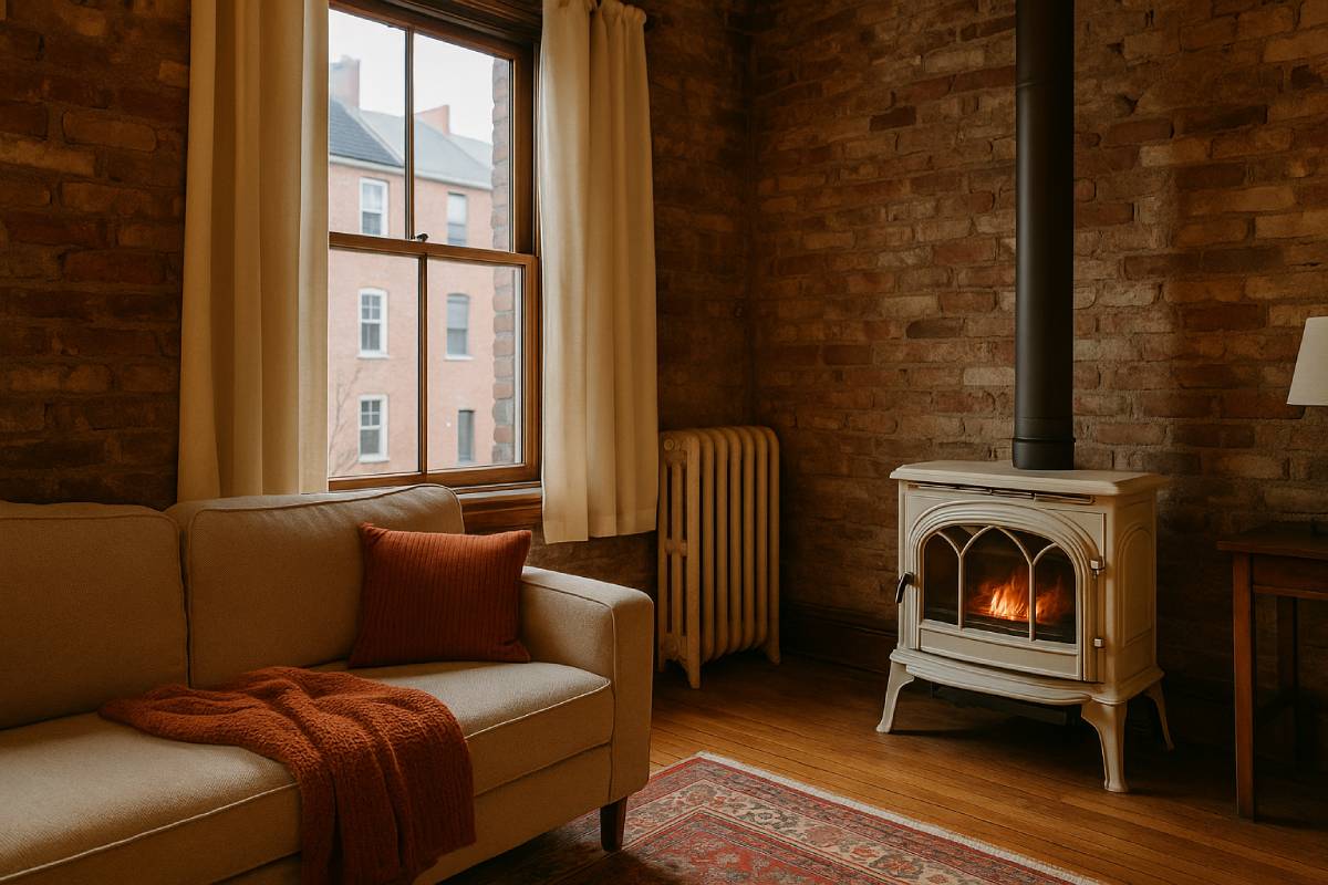 old house with stove and heavy curtains