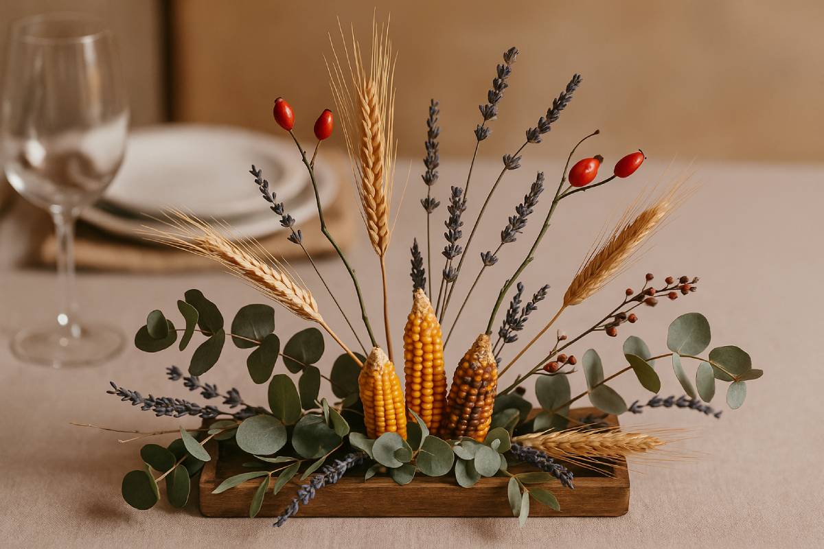 centerpiece with dog rose, eucalyptus and ears
