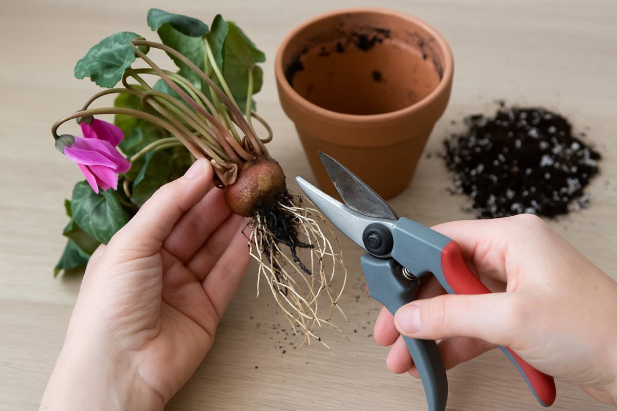 woman lifting cyclamen bulb