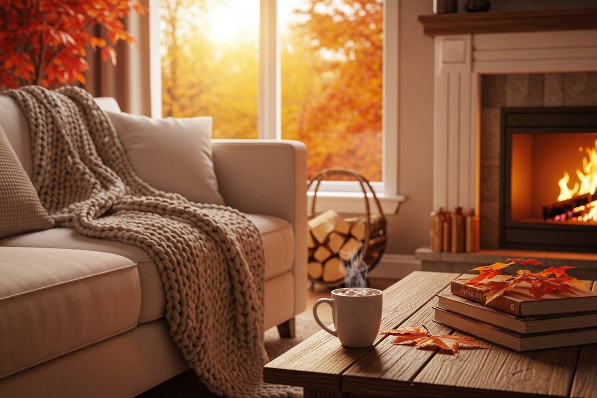 autumn living room with book and cup on coffee table