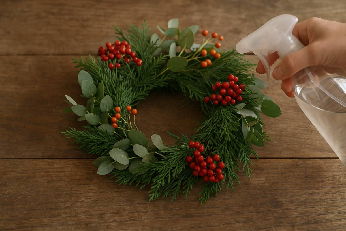 hand sprinkles water on a natural wreath