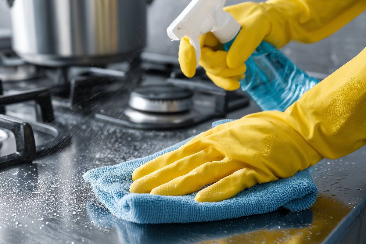 hand degreasing the hob with natural DIY degreaser