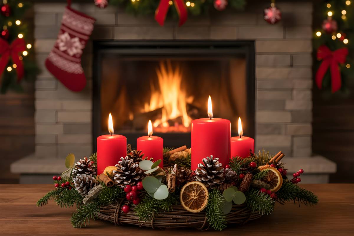 centerpiece with pine cones, candles and berries