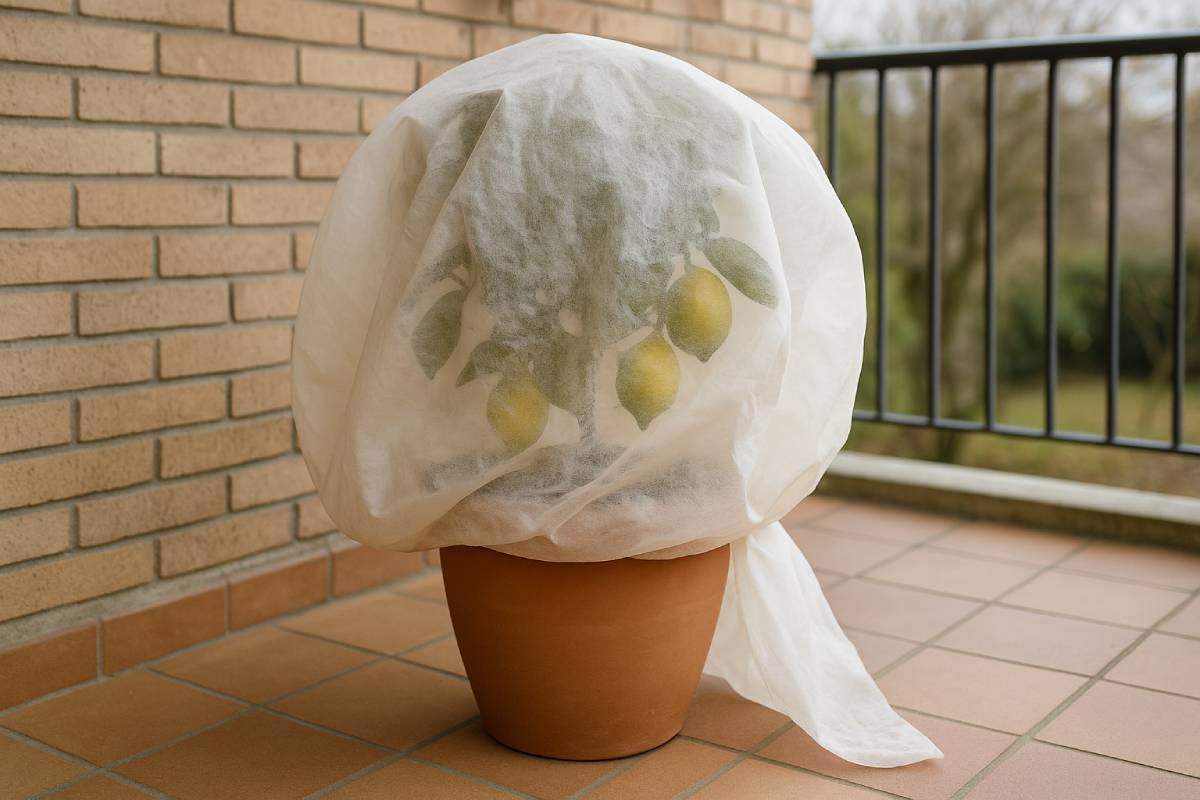 lemon in pot covered by non-woven fabric