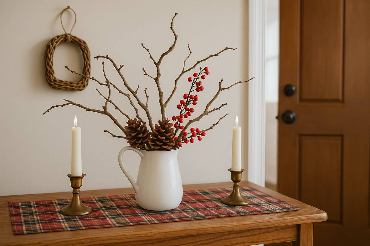 berries, pine cones and branches in a jug in the entryway