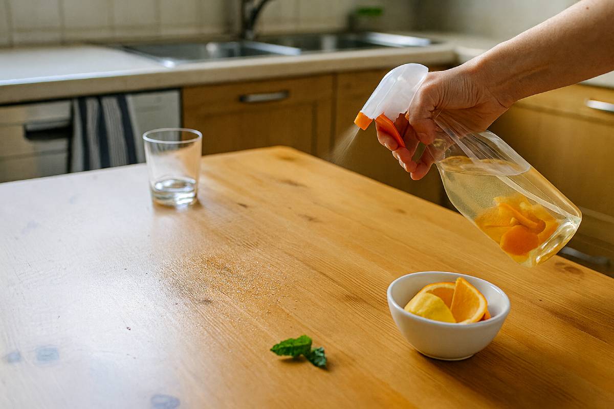 cleaning the table with citrus cleaner