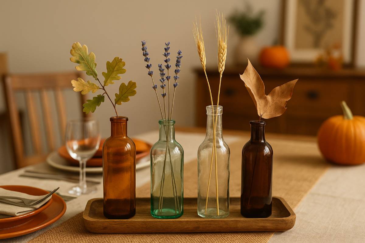 glass bottles become natural centerpieces