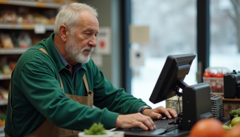 Funcionário supermercado idoso. Crédito: Freepik AI