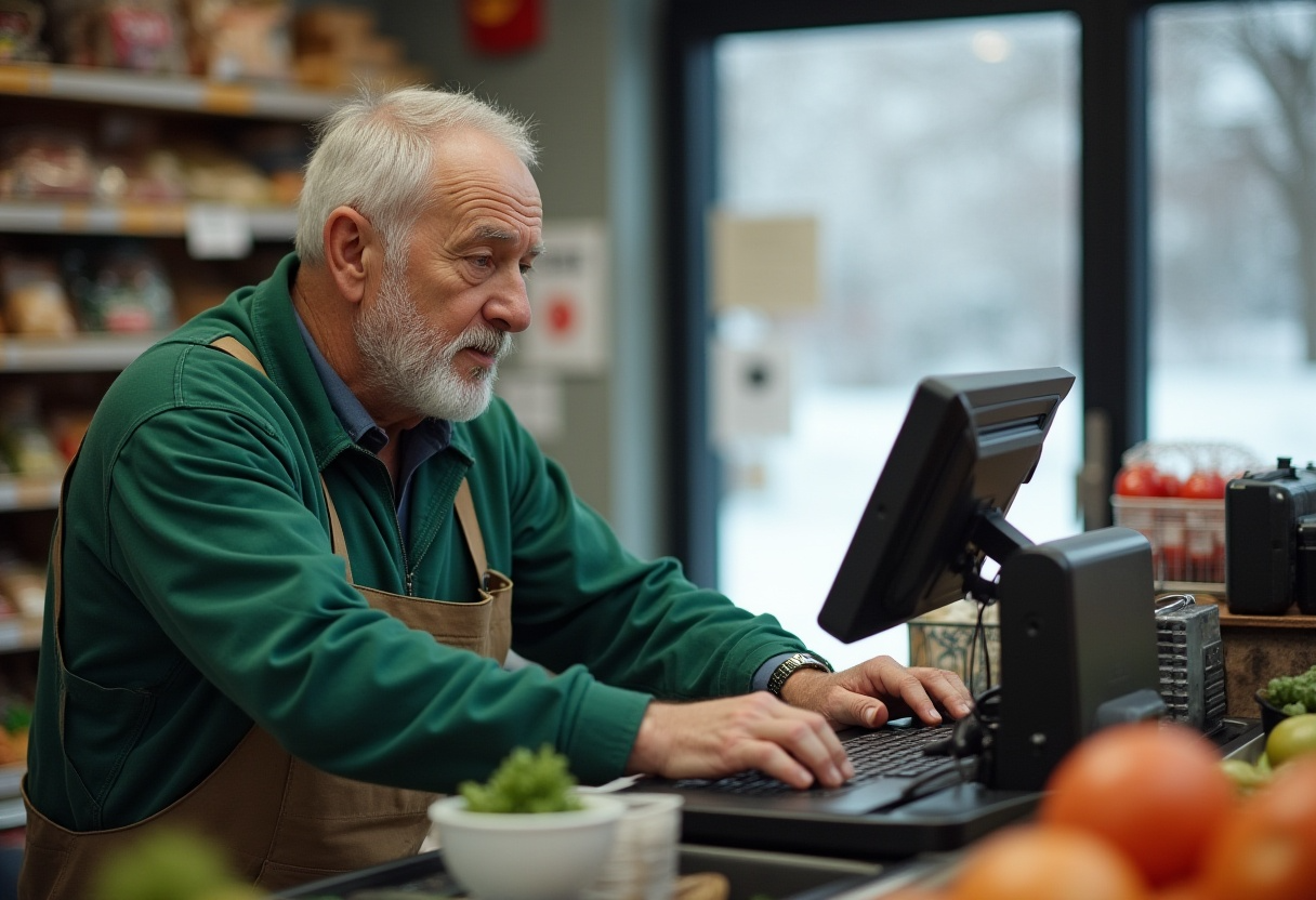 Funcionário supermercado idoso. Crédito: Freepik AI