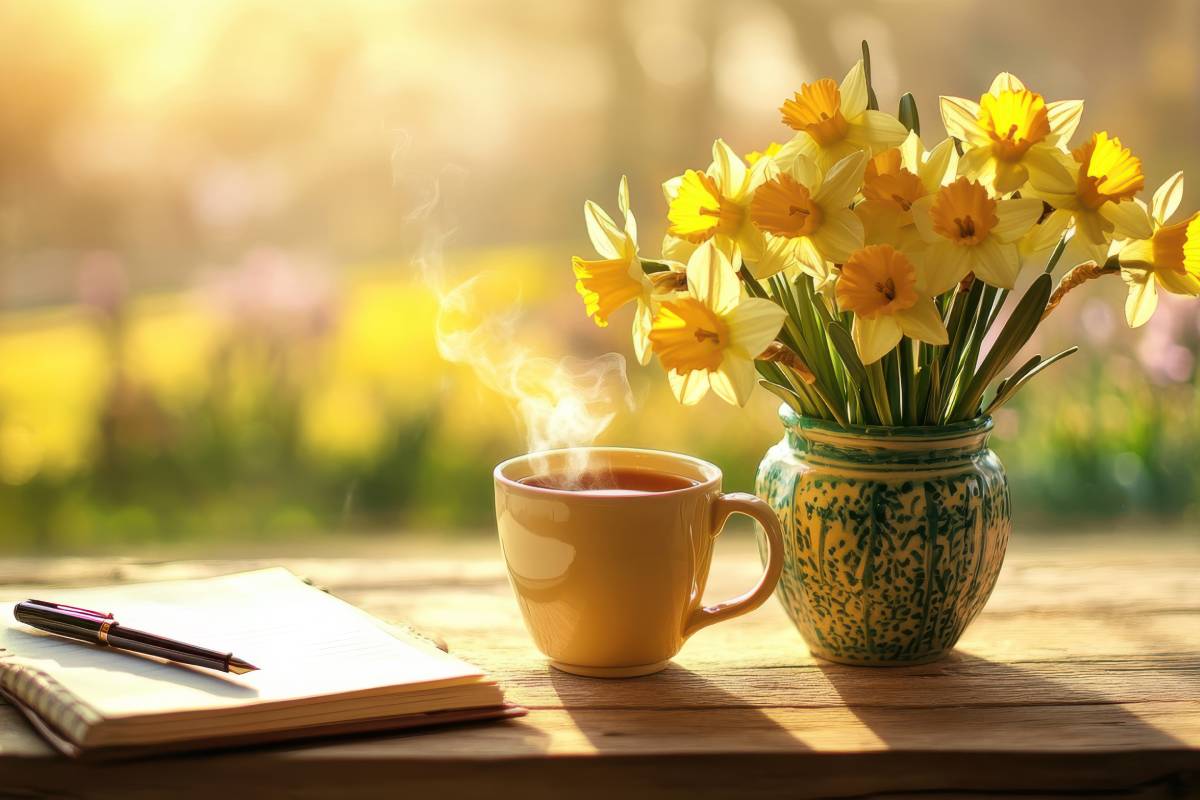 Daffodils in winter house, with steaming cup