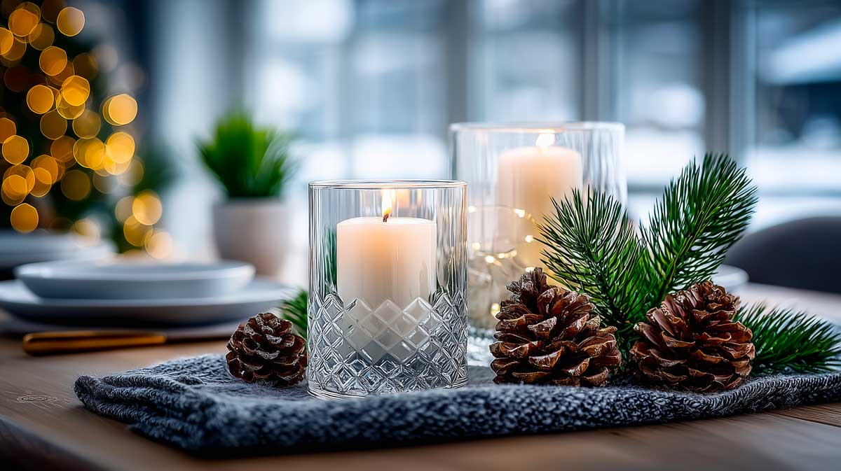 transparent jars with candles with pine cones and pine branches nearby
