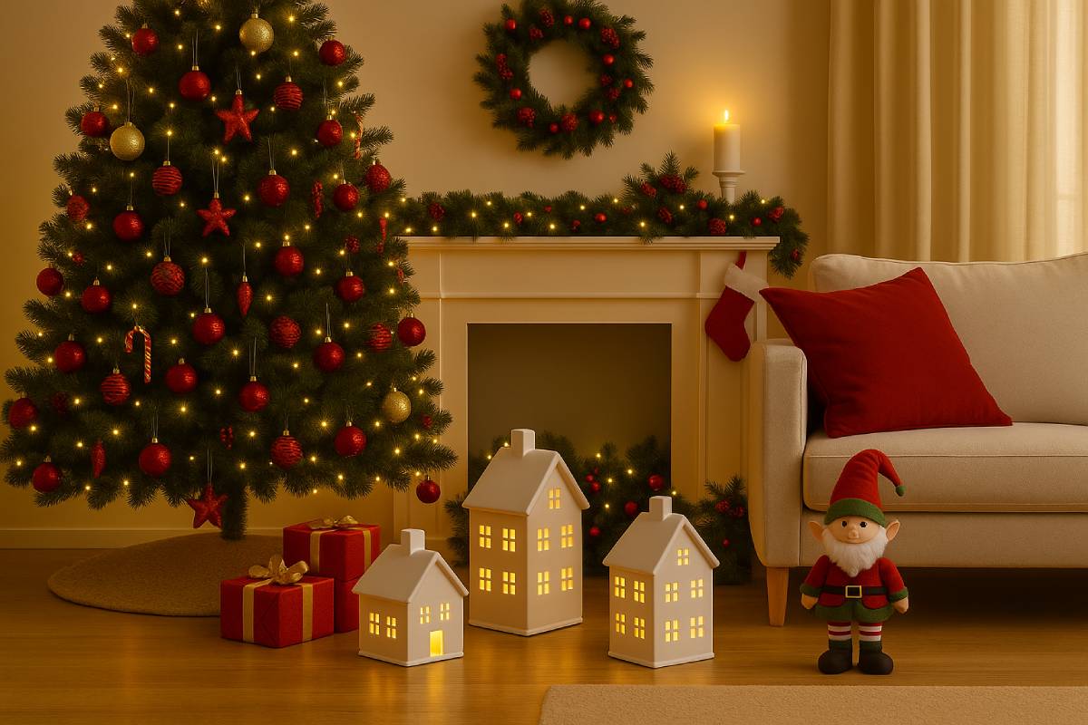 white houses with LED light under the tree in the living room