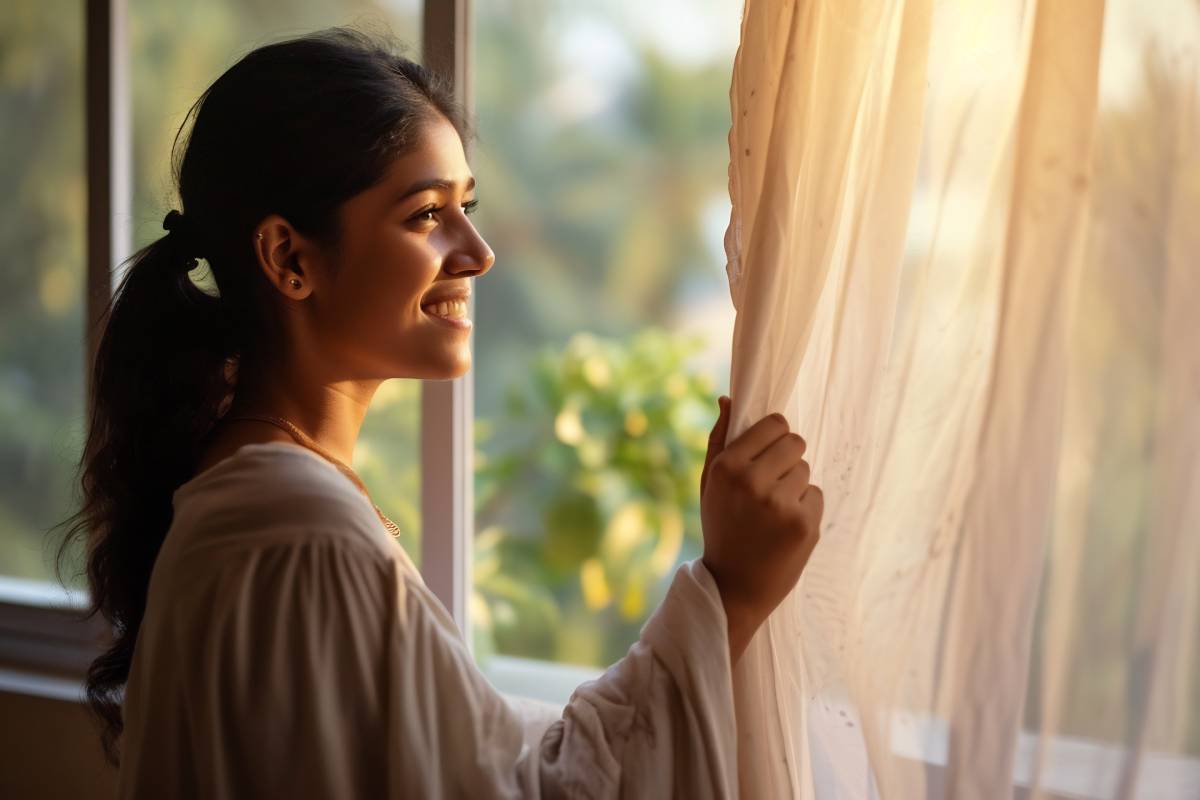 woman opening a curtain